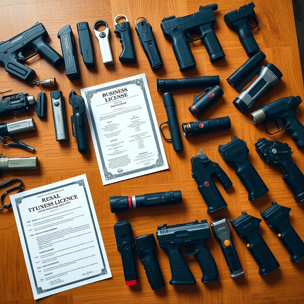 Assorted stun gun models on a table with business license and resale certificate, illustrating the legal requirements for buying wholesale stun guns