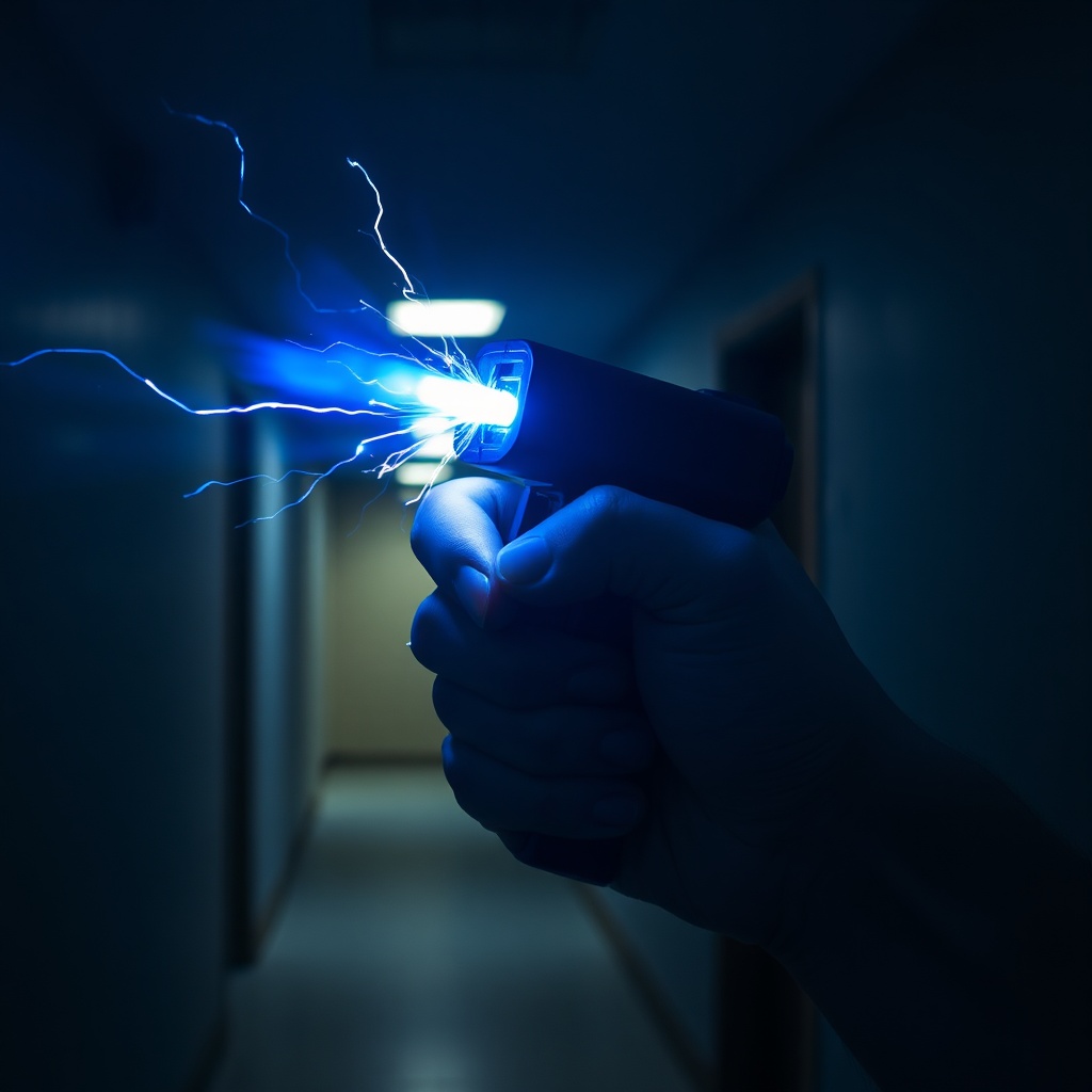Person holding a rechargeable stun gun with electrical arcs between electrodes in a dimly lit hallway, highlighting the device's high-voltage self-defense capability